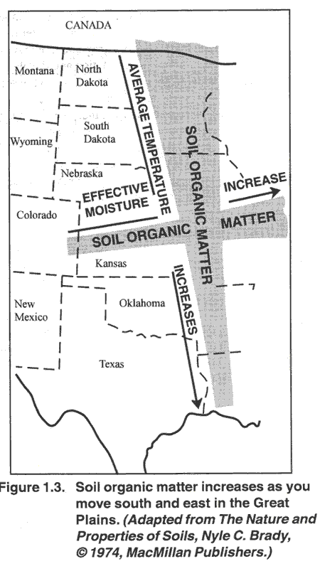 Figure 1.3. Soil organic matter increases as you move south and east in the Great Plains (adapted from the Nature and Properties of Soils, Nyle C. Brady, 1974, MacMillan Publishers)